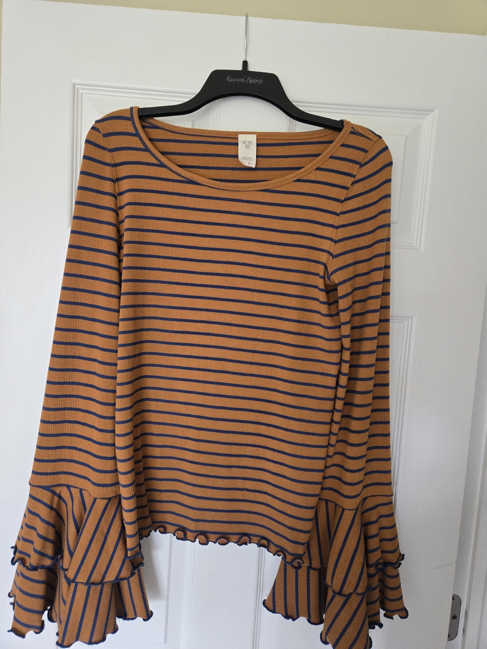 Free People Mustard & Navy Striped Ruffle Sleeve Tee